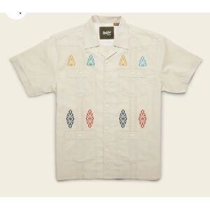 Howler Bros Guayabera Shirt Men’s XL Beige Button Up Cotton Camp Embroidered